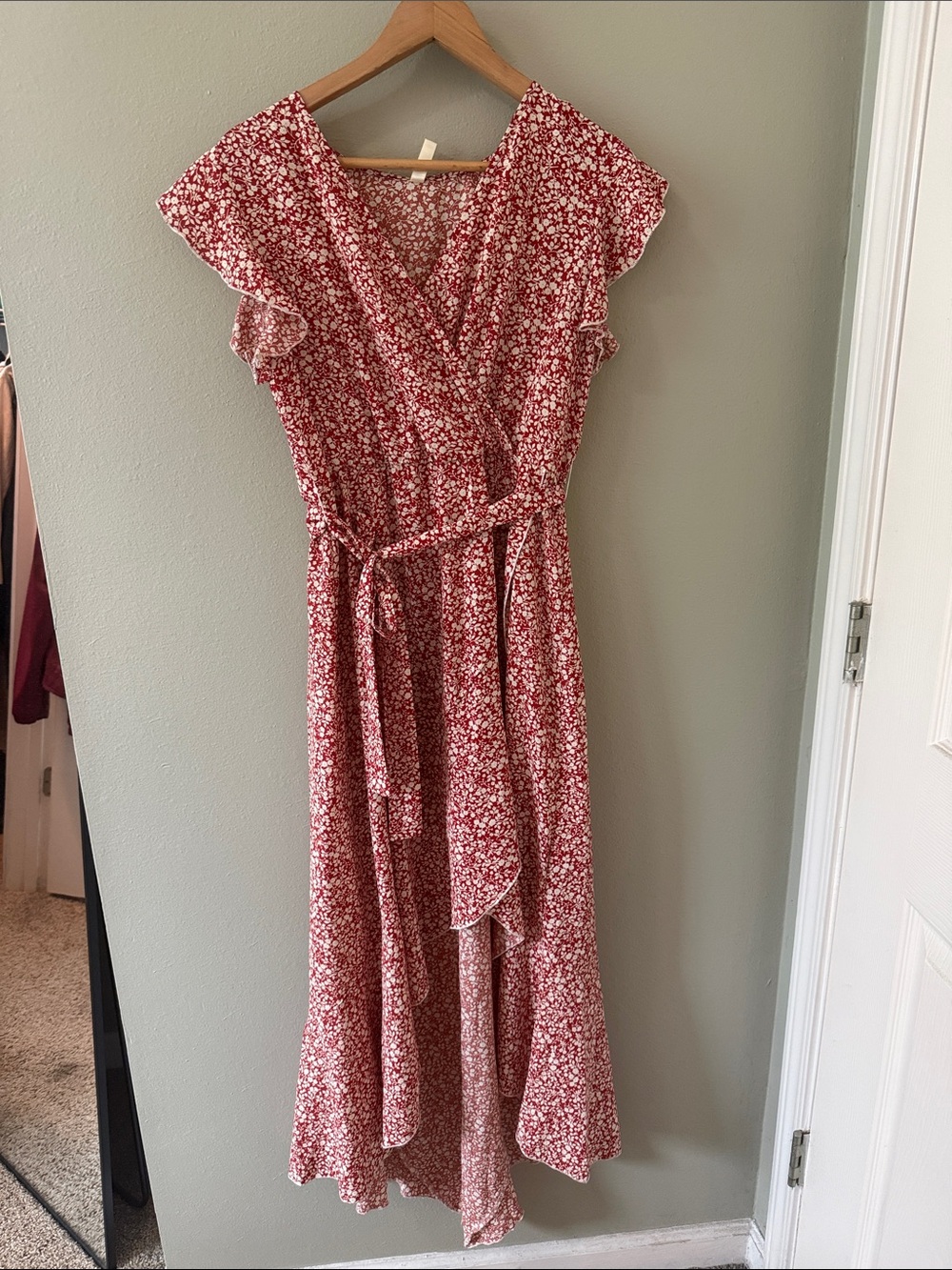 Red Floral High-Low Wrap Dress with Tie Waist